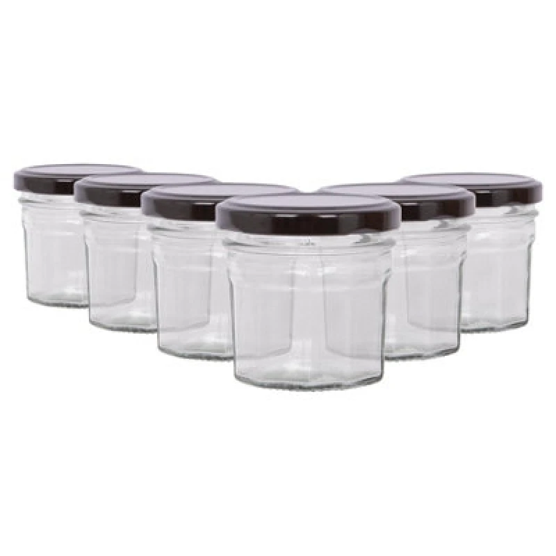 Image of Argon Tableware Glass Jam Jars With Black Lids - 90ml - Pack Of 6