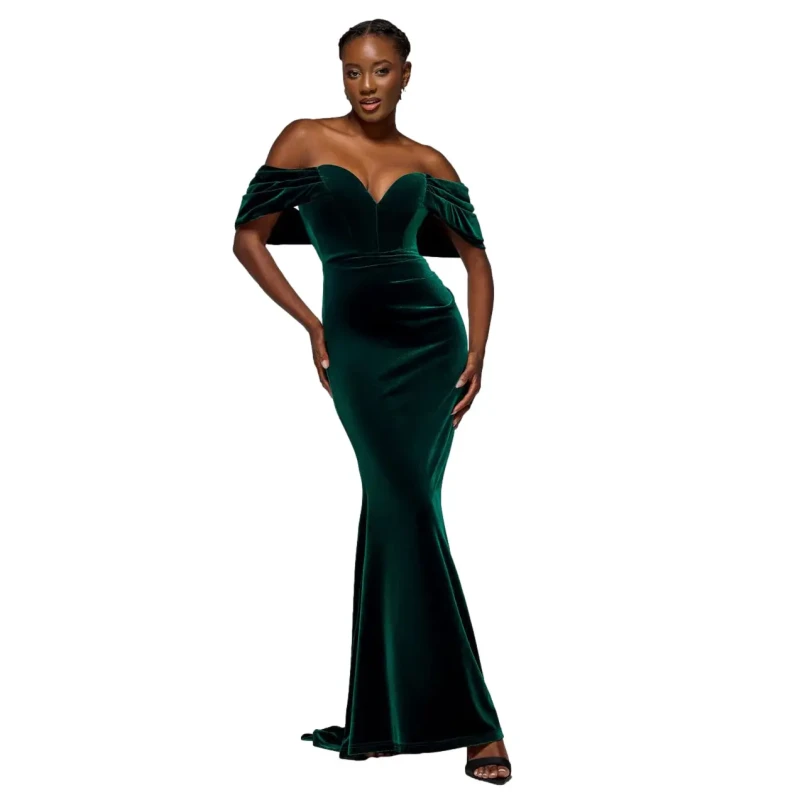 Image of Goddiva Womens Off The Shoulder Deep Plunge Velvet Maxi Dress in Dark Green Size: 8 Dark Green Female 8