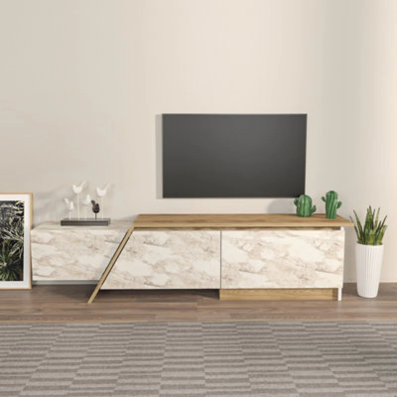 Image of Decorotika Zonas TV Stand TV Unit For Tvs Up To 55" Oak And White Marble Effect