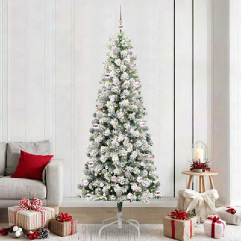 Image of vidaXL Artificial Hinged Christmas Tree with Pink Balls Green and white 240 cm, Green 3395615