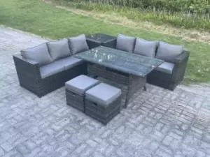 Image of Fimous 6 Seater Outdoor Dark Grey Rattan Lounge Complete Sofa Set with Rectangular Dining Table and 2 Stools