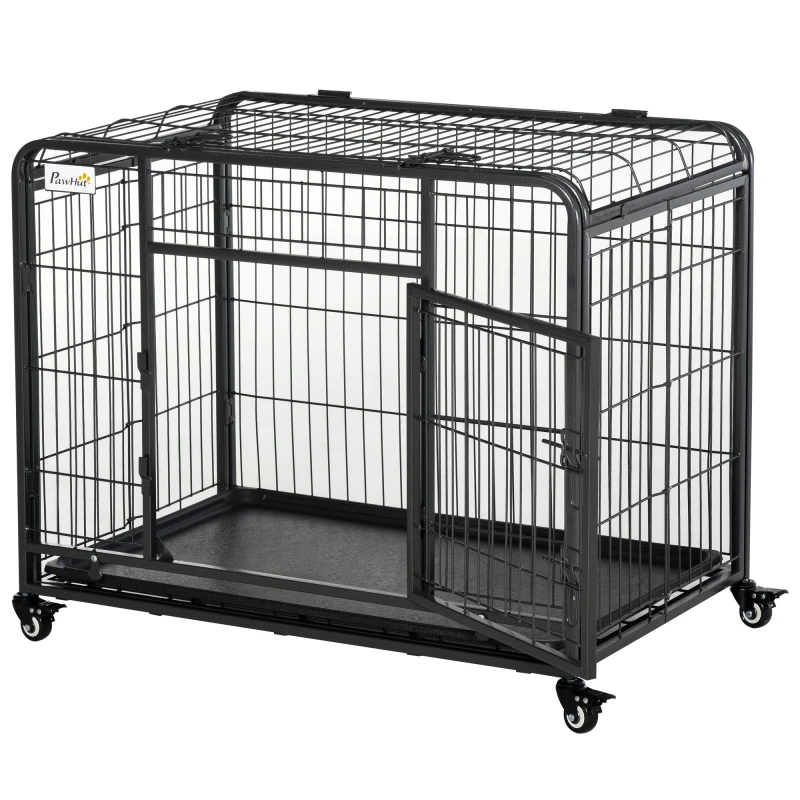 Image of PawHut 69.5x94cm Metal Dog Cage Kennel w/ Locking Door & Wheels Medium Pets Dark Grey