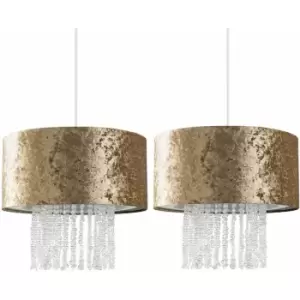 image of Minisun - 2 x Gold Velvet Ceiling Pendant Light Shades With Clear Acrylic Droplets