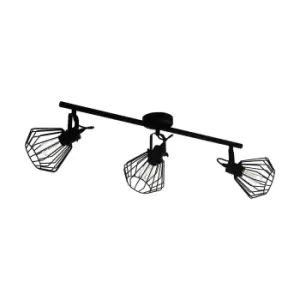 Image of Flush Ceiling Light 3 Spots Track Black Shade Open Wire Frame Bulb E27 3x40W