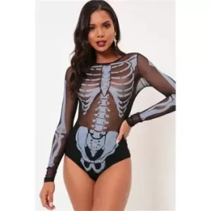 Image of I Saw It First Black Skeleton Print Mesh Long Sleeve Bodysuit - Black