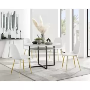 Image of Furniturebox Adley Grey Concrete Effect 120cm Storage Dining Table & 4 White Corona Faux Leather Dining Chairs with Gold Legs Diamond Stitch