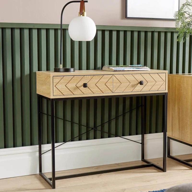 Image of Home Source Aztec 2 Drawer Hallway Console Table Storage Unit Light Oak
