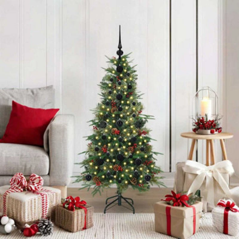 Image of vidaXL Artificial Hinged Christmas Tree with Black Balls Green 120cm PE and PVC, Green 3397394