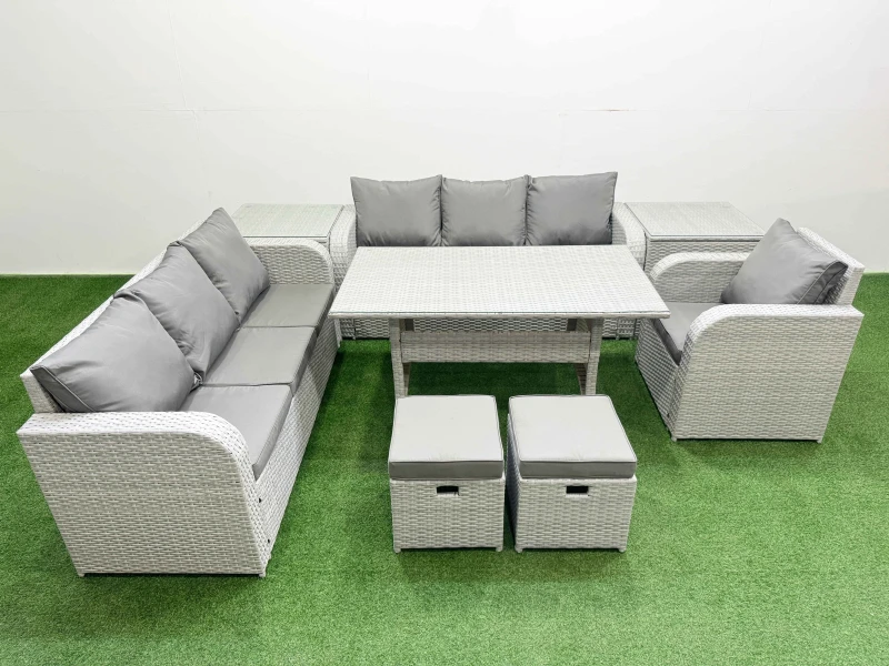 Image of Fimous 9 Seater Poly Rattan Outdoor Garden Furniture Rectangular Dining Table Sofa Set Patio 3 Seater Sofa Reclining Chair 3 Seater Sofa Stools 2 Side