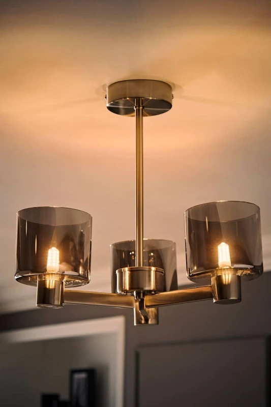 Image of ValueLights Demi Brushed Chrome 3 Arm Smoke Glass Chandelier Ceiling Light & Bulbs in Metallic Silver Metallic Silver Unisex
