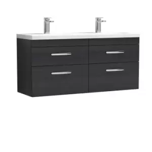 image of Nuie Athena 1200 Wall Hung 4-drawer Vanity & Ceramic Double Basin - Black Woodgrain