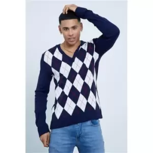 image of I Saw It First Navy Argyll Check Long Sleeve Knitted Jumper - Blue