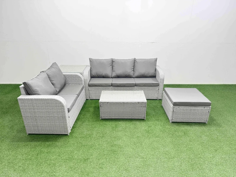 Image of Fimous 6 Seater PE Rattan Wicker Garden Furniture Patio Conservatory Sofa Set with Rectangular Coffee Table 3 Seater Sofa Love Sofa Big Footstool Side