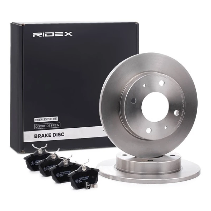 Image of RIDEX 3405B1296 Brake disc and pads set Rear Axle, Brake Disc Type: Solid, with acoustic wear warning Brake Set,disc brakes (3405)