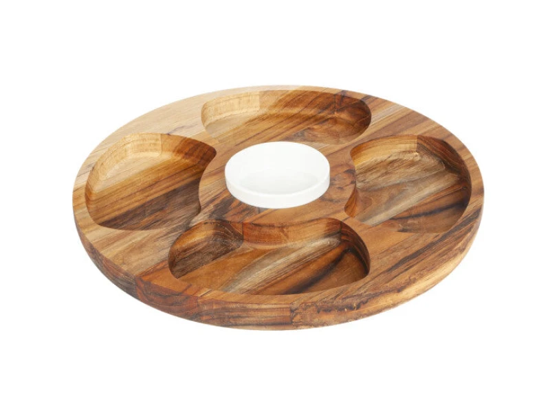 Image of Stolf Round Teak Wood Snack Serving Board 5 Divisions with Porcelain Bowl 35.5 x 2.4cm Natural