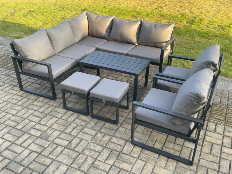 Image of Fimous 9 Seater Aluminium Outdoor Garden Furniture Set Patio Lounge Sofa with Oblong Coffee Table 2 Small Footstools Dark Grey Dark Grey Unisex
