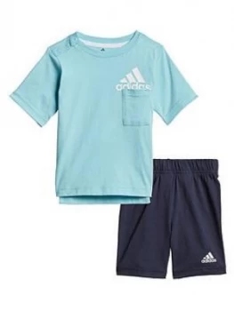 Image of Boys, adidas Unisex Infant Badge Of Sport Summer Set - Blue/White, Size 12-18 Months