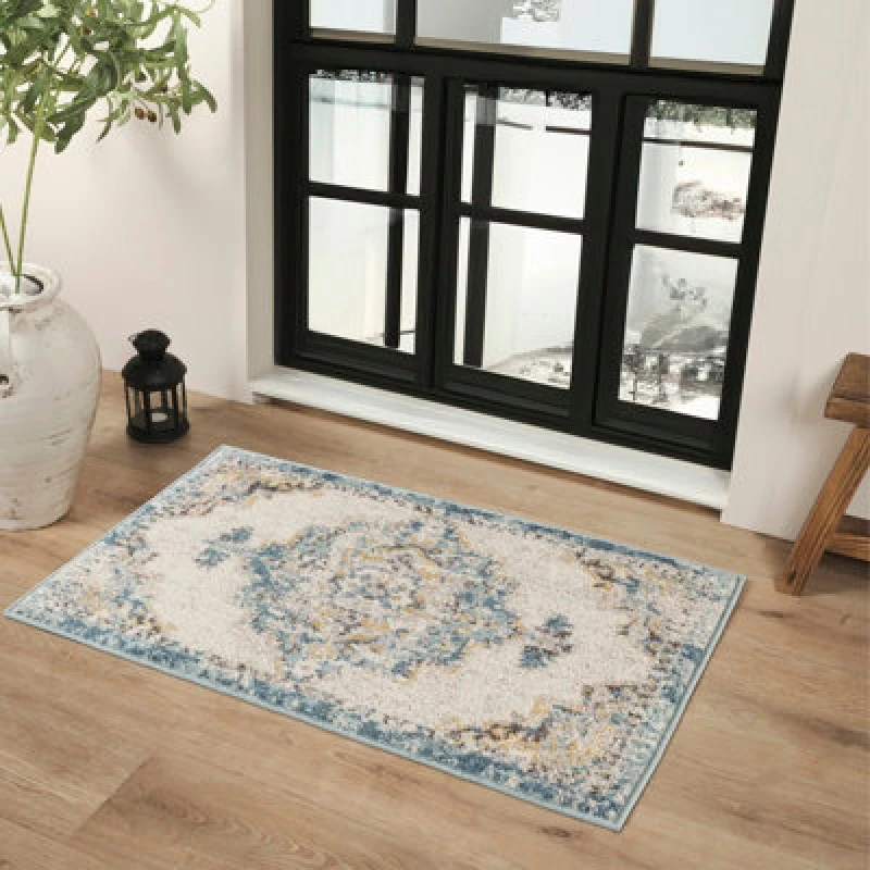 Image of Livabliss Vintage Oriental Boho Sky Blue Agra Area Rug 60 X 90 Cm - Easy Care, Non Shedding, Ideal For Living Room & Bedroom