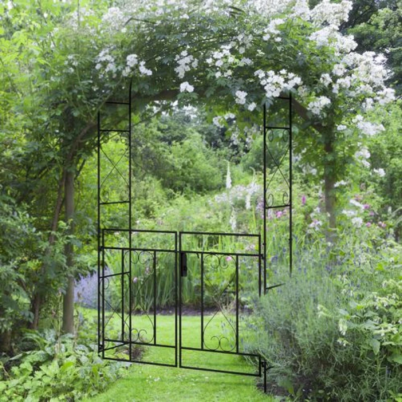 Image of Outsunny Metal Garden Arch with Double Gate, Garden Arbor Climbing Plants Black