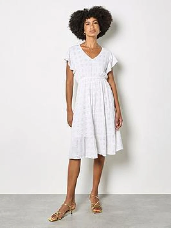Image of Apricot Sequin Flower Frill Sleeve Dress - White White X2GIM Female L,M,S,XL,XS,XXL