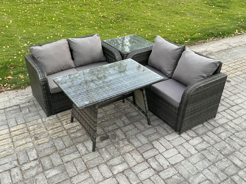 Image of Fimous Outdoor Garden Furniture Sets 4 Pieces Wicker Rattan Furniture Sofa Sets with Rectangular Dining Table Dark Grey