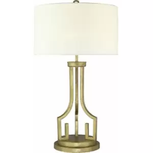 image of Table Lamp Grecian Key Motif Ivory Whie Linen ShadeDistressed Gold LED E27 100W