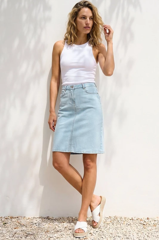 Image of Roman Womens Cotton Denim Stretch A line Skirt in Light Blue Size: 12 Light Blue Female 12