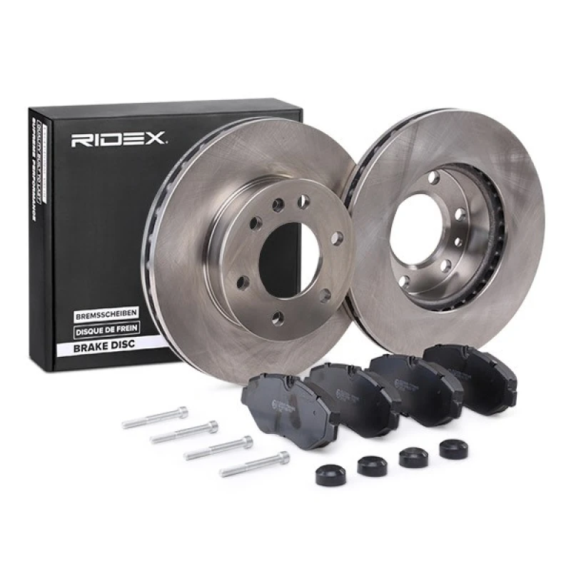 Image of RIDEX 3405B0956 Brake disc and pads set Front Axle, Brake Disc Type: internally vented, prepared for wear warning indicator, with anti-squeak plate B