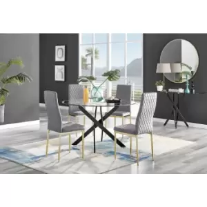 Image of Furniturebox UK - Furniturebox Novara Black Leg 120cm Round Glass Dining Table & 4 Grey Milan Velvet Dining Chairs With Gold Legs Diamond Stitch