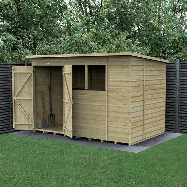 image of 10' x 6' Forest Beckwood 25yr Guarantee Shiplap Pressure Treated Double Door Pent Wooden Shed (3.11m x 2.05m)