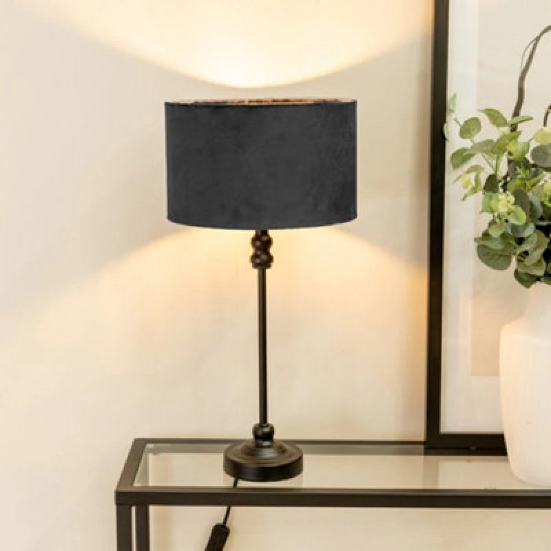 Image of ValueLights Maggie Black Metal Candlestick Slim Table Lamp with Velvet Drum Lamp Shade Black