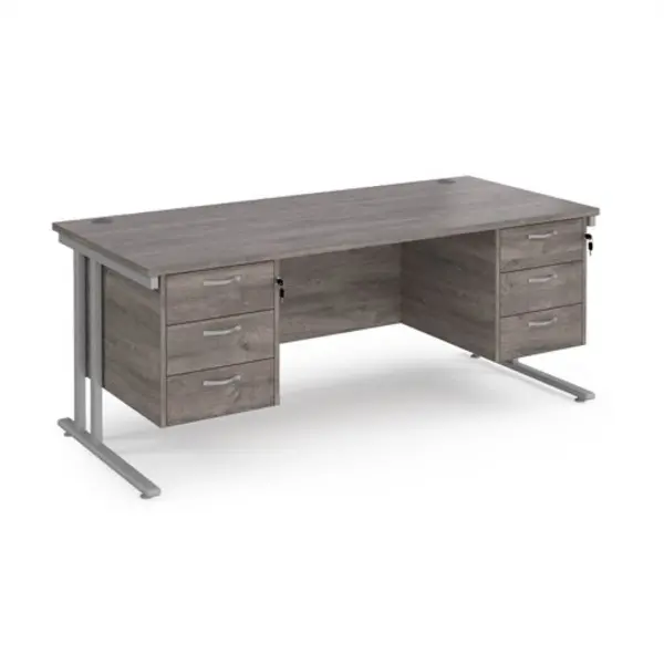 image of Maestro 25 straight desk 1800mm x 800mm with two x 3 drawer pedestals - silver cantilever leg frame, grey oak top