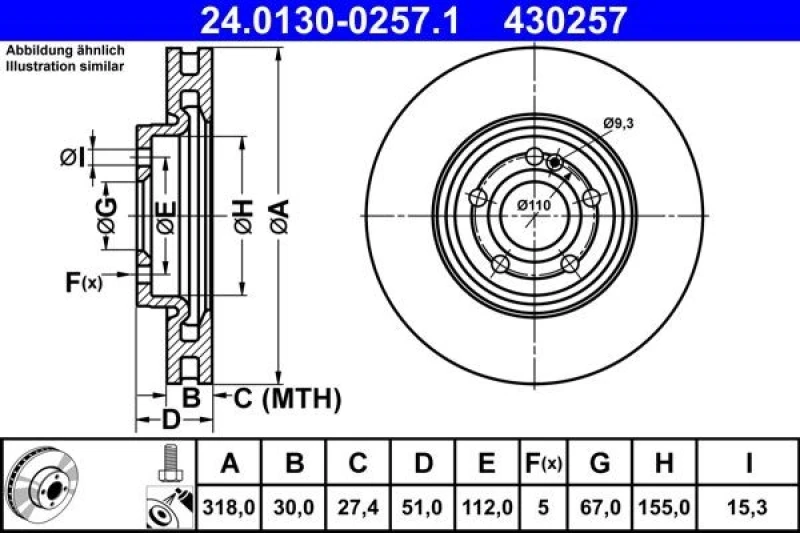 Image of Brake disc ATE 24.0130-0257.1
