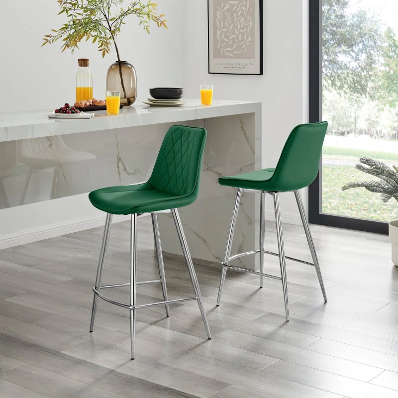 Image of FurnitureboxUK FurnitureboxUK Pesaro Set of 2 Velvet Silver Legs Bar Chair in Green Green One Size Unisex 5056542696527