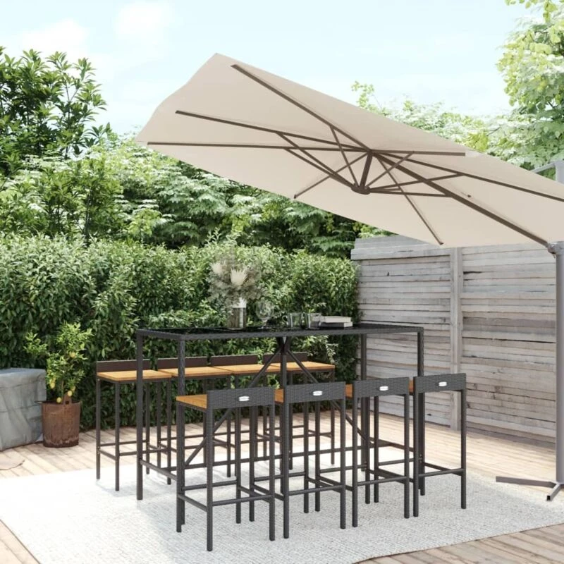 Image of VIDAXL 9 Piece Garden Bar Set Black Poly Rattan& Solid Wood Acacia Vidaxl 8720845880613