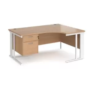 image of Office Desk Right Hand Corner Desk 1600mm With Pedestal Beech Top With White Frame 1200mm Depth Maestro 25 MCM16ERP2WHB