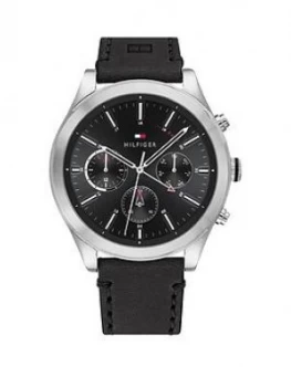 Image of Tommy Hilfiger Ashton Black Leather Strap Black Sunray Dial Mens Watch