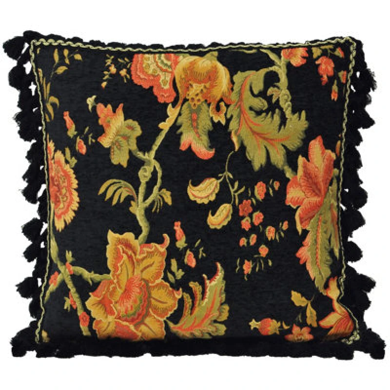 Image of Paoletti Paoletti Fairvale Floral Tasselled Cushion in Black Size: 55cm x 55cm Black 55cm x 55cm Unisex 5025532271808