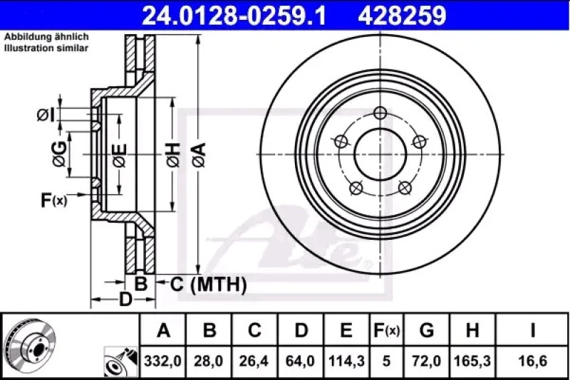 Image of ATE 24.0128-0259.1 Brake disc Vented, Coated Brake Disc (82)