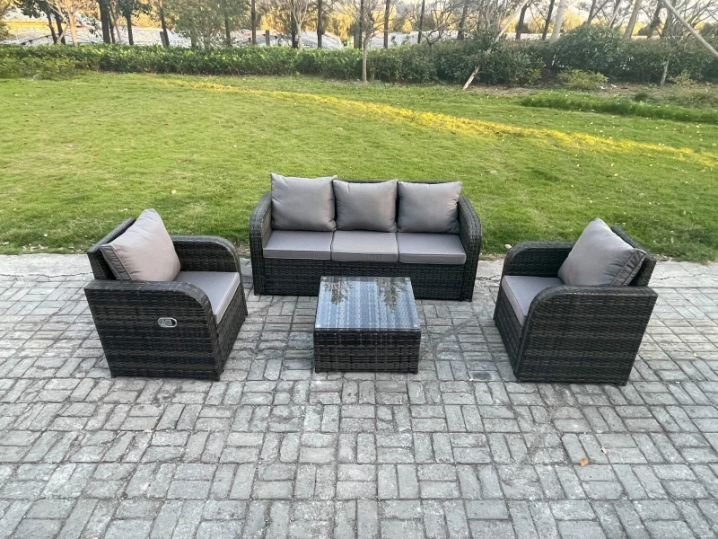 Image of Fimous Garden Furniture Sets 5 Seater Wicker Rattan Furniture Patio Sofa Sets with Reclining Chair 3 Seater Sofa Dark Grey