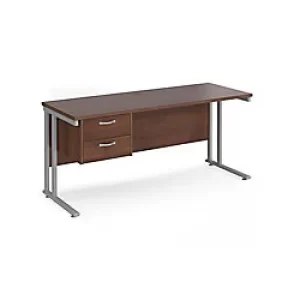 image of Rectangular Straight Desk with with Cantilever Legs Walnut Wood Silver Maestro 25 1600 x 600 x 725mm 2 Drawer Pedestal