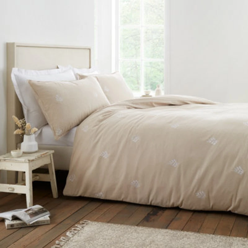 Image of Bianca Fine Linens Brushed Embroidery Leaf Cotton Double Duvet Cover Set With Pillowcases Natural