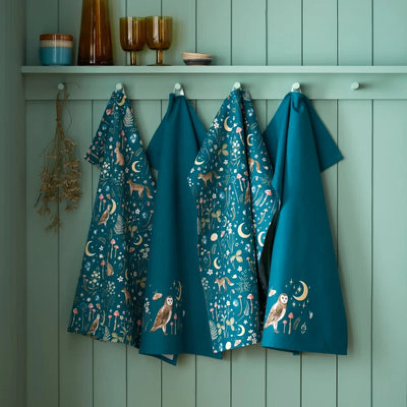 Image of Catherine Lansfield Enchanted Twilight Animals Cotton 50X70Cm Kitchen Tea Towel Pack Of 4 Green