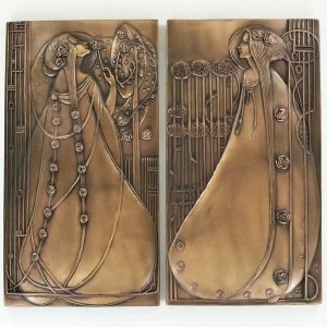 Image of Pair of Mackintosh Style Cold Cast Bronze Wall Plaques 24.5cm