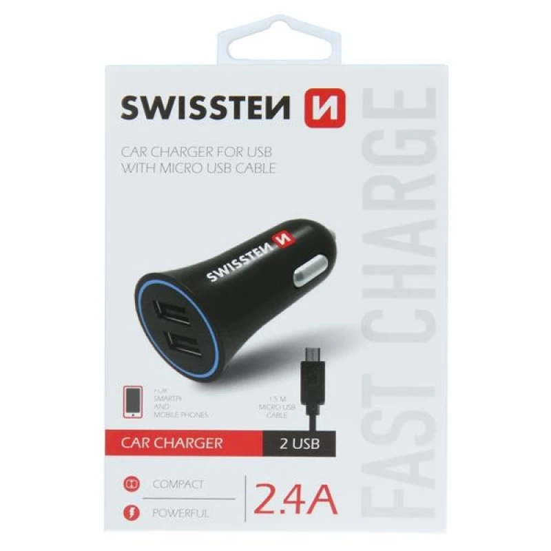 Image of SWISSTEN 20110900 Car mobile phone charger black, Number of inlets/outlets: 2, 1.5m Car mobile phone charger (100026)