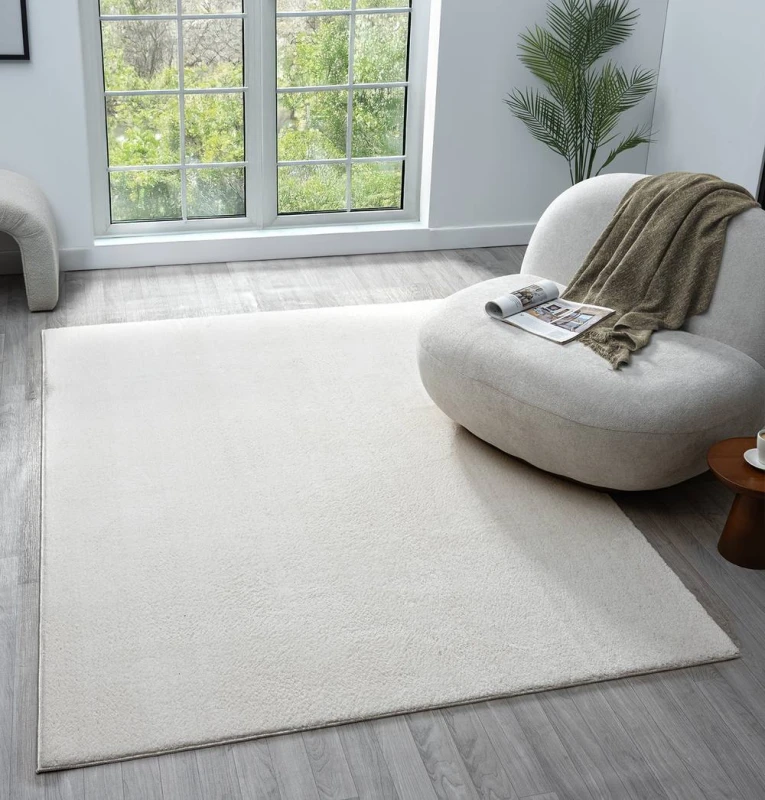 Image of Comfy Washable Low Pile Living Room Area Rug - Anti Slip Felt Backing Cream 200Cm X 280Cm