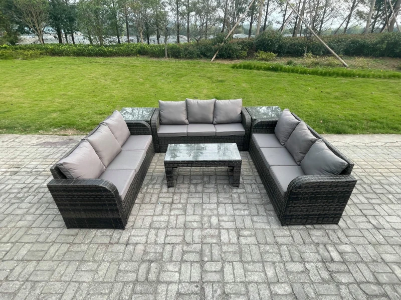 Image of Fimous 9 Seater Outdoor Lounge Sofa Set Rattan Garden Furniture Set with Rectangular Coffee Table 2 Side Tables 3 Seater Sofa Dark Grey Mixed Dark Gre