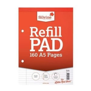 image of Silvine A5 Refill Pad Headbound Perforated Punched Feint Ruled Margin 160 Pages 75gsm Pack of 6