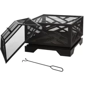 Image of Outsunny - 66cm Square Fire Pit Patio Metal Brazier w/ Grill Net Mesh Cover Poker