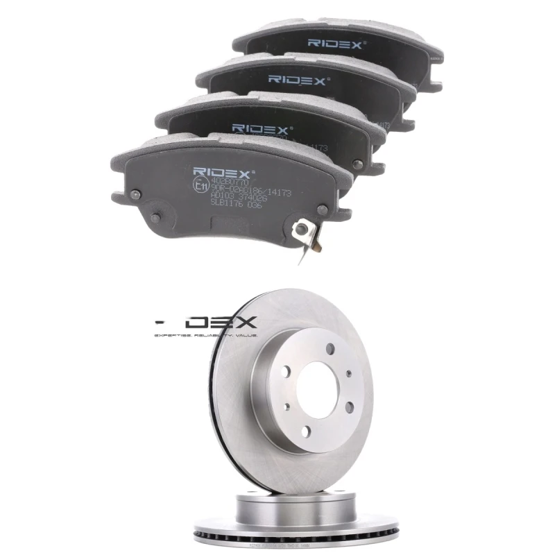 Image of RIDEX 3405B2866 Brake disc and pads set Front Axle, Brake Disc Type: internally vented, with acoustic wear warning Brake Set,disc brakes (3405)